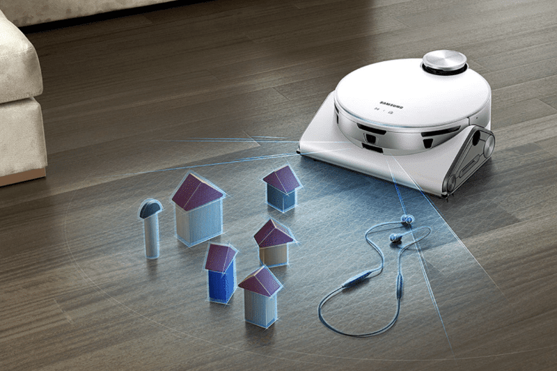 Die Funktionsweise der Hinderniserkennung des Samsung Jet Bot AI+ ist zu sehen.